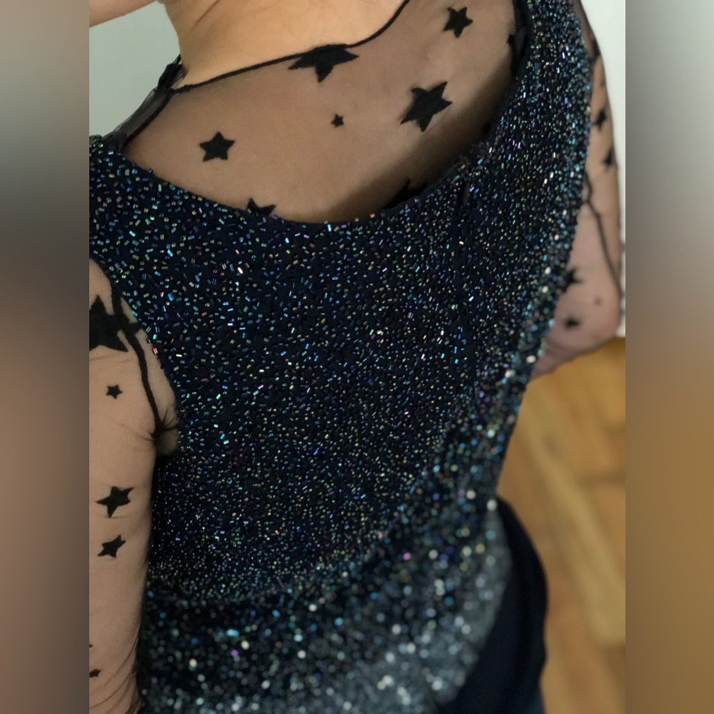 JKARA Navy Beaded Long Evening Dress